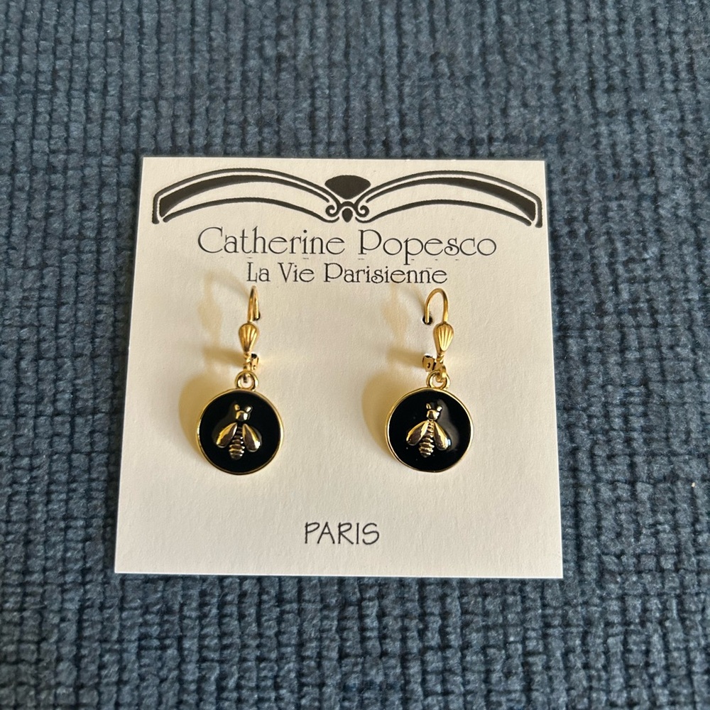 Catherine Popesco Gold and Black Bee Drop Earrings